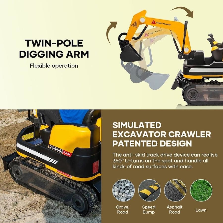 2 in 1 Kids Excavator Bulldozer Ride On with Remote Control Pedal Digger Tractor Vehicle 360 Degree Rotating 12V