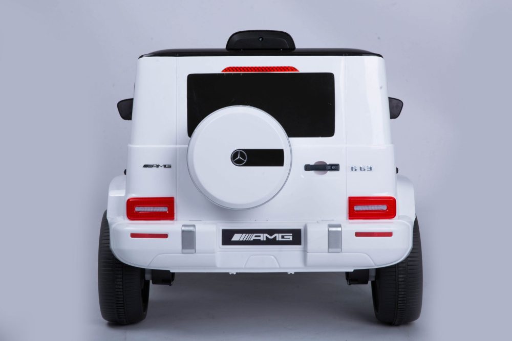 Officially Licensed Mercedes Benz AMG G63 Kids Ride-On Car, Black- white. leather seat- rubber wheels