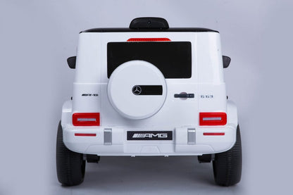 Officially Licensed Mercedes Benz AMG G63 Kids Ride-On Car, Black- white. leather seat- rubber wheels