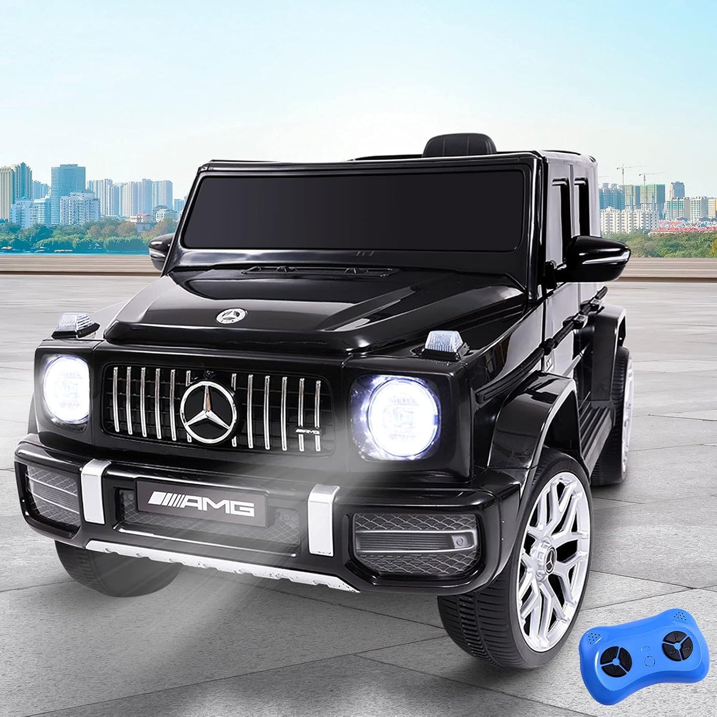 Officially Licensed Mercedes Benz AMG G63 Kids Ride-On Car, Black- white. leather seat- rubber wheels