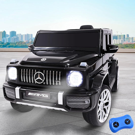 Officially Licensed Mercedes Benz AMG G63 Kids Ride-On Car, Black- white. leather seat- rubber wheels