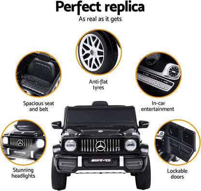 Officially Licensed Mercedes Benz AMG G63 Kids Ride-On Car, Black- white. leather seat- rubber wheels