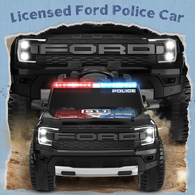 Licensed Ford Ranger Raptor Police Ride-On Car 12V – EVA Wheels & Leather Seat-Remote