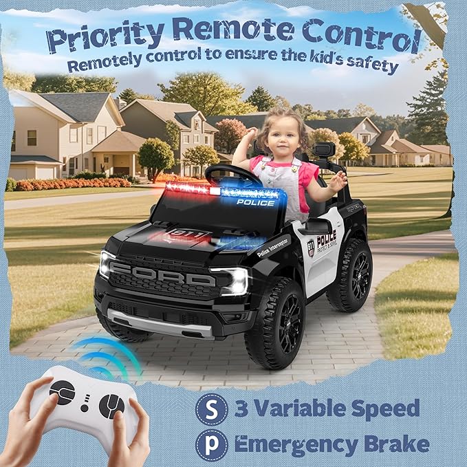 Licensed Ford Ranger Raptor Police Ride-On Car 12V – EVA Wheels & Leather Seat-Remote