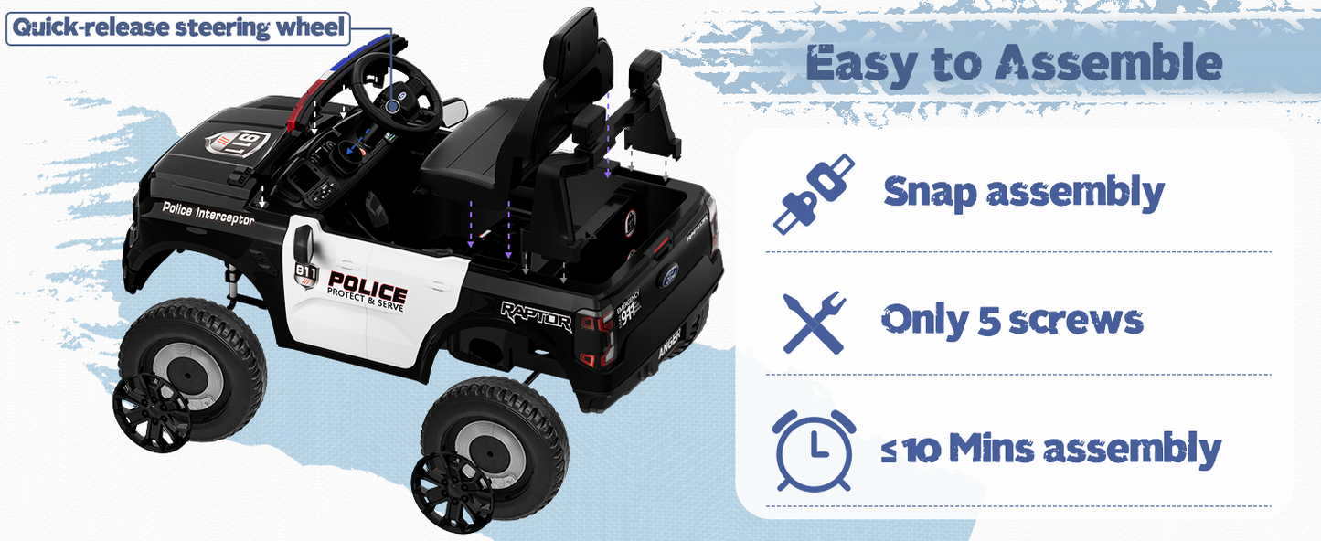 Licensed Ford Ranger Raptor Police Ride-On Car 12V – EVA Wheels & Leather Seat-Remote