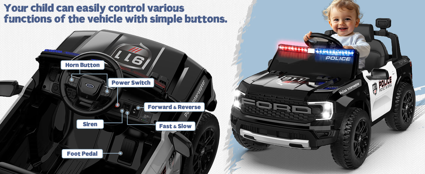 Licensed Ford Ranger Raptor Police Ride-On Car 12V – EVA Wheels & Leather Seat-Remote
